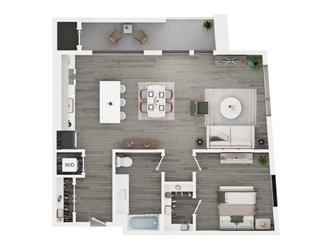 Floor plan for 1 bed, 1 bath, 887 sqft
